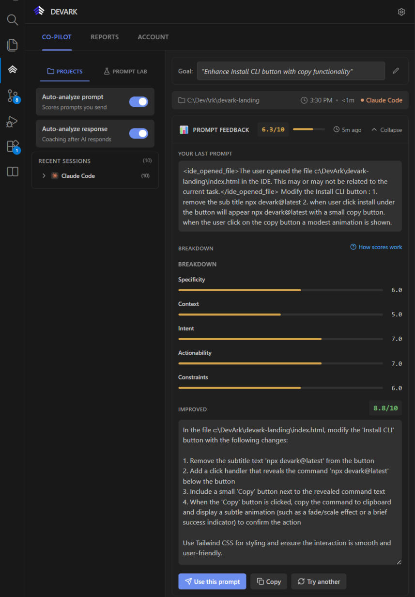 DevArk Extension in IDE showing real-time prompt scoring and suggestions